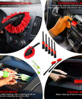 All In One 35 Piece Car Detailing Kit With Windshield Tool Long Wheel Brush Two Angled Brushes Four Polishing Pads And Four Wax Pads Red Tool Box showing brushes and uses
