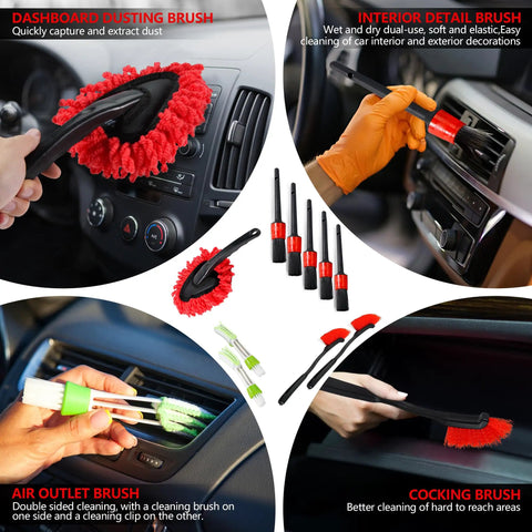 All In One 35 Piece Car Detailing Kit With Windshield Tool Long Wheel Brush Two Angled Brushes Four Polishing Pads And Four Wax Pads Red Tool Box showing brushes and uses