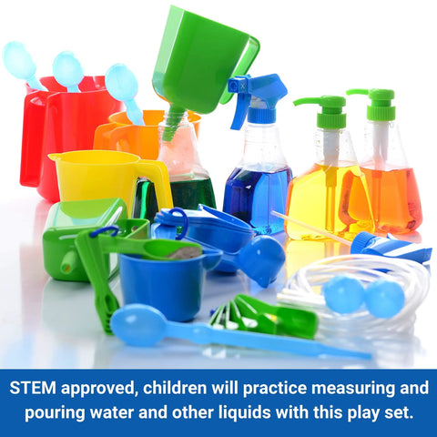 Measure And Pour Water Play Kit For Kids 34 Piece Preschool Science Set with colorful measuring cups, spray bottles, and tubes