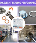 140 Pcs Oil Drain Plug Gasket Assortment Kit For Toyota Honda Subaru VW Audi Mercedes Benz With Premium Aluminum Copper Crush Washers And Seals OEM Numbers Included, showing kit contents and usage in automotive workshop.