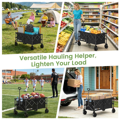 Collapsible Wagon Cart With 330 Lbs Load Capacity, Heavy Duty Folding Wagon On 360 Degree Wheels with groceries, sports gear, camping scene