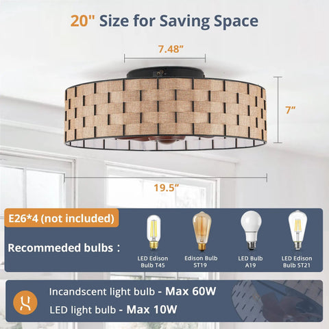 20 Inch Fabric Shade Ceiling Fan With Remote, Low Profile Flush Mount Bladeless Design diagram; bulb types shown