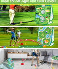 Children and adults using 4 In 1 Kids Golf Set With Retractable Club, Putting Practice Mat, Three Sided Chipping Net, Sticky Boards