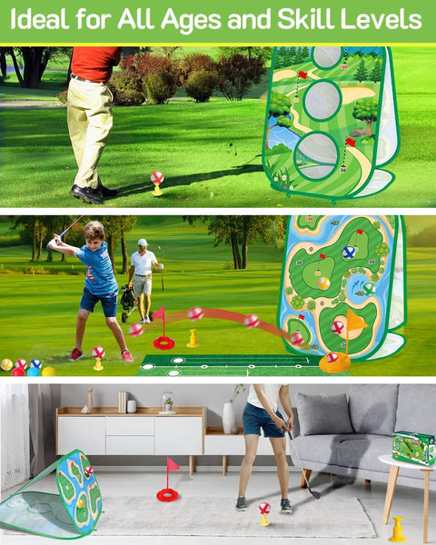 Children and adults using 4 In 1 Kids Golf Set With Retractable Club, Putting Practice Mat, Three Sided Chipping Net, Sticky Boards
