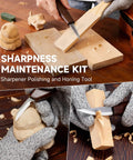 Hands using Wood Carving Kit 30 Piece Tools Set With Leather Storage Bag Slick Deluxe Whittling Kit For Beginners And Pros 9 Knives 5 Chisels 4 Basswood Blocks Whetstone Gloves And Instruction Manual to carve wooden figure and sharpen knife