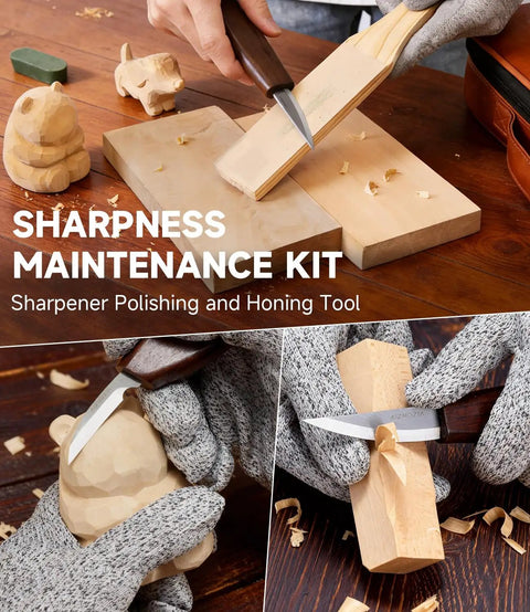 Hands using Wood Carving Kit 30 Piece Tools Set With Leather Storage Bag Slick Deluxe Whittling Kit For Beginners And Pros 9 Knives 5 Chisels 4 Basswood Blocks Whetstone Gloves And Instruction Manual to carve wooden figure and sharpen knife