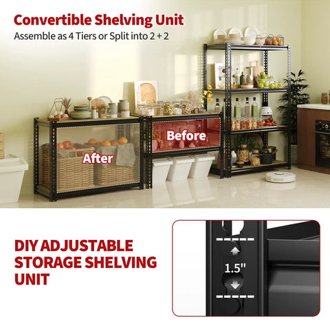 Badass Heavy Duty Garage Storage Shelving Unit With Rock Solid Reinforced Metal Frame And Thick MDF Shelves Holding 2000 Lbs Total Capacity To Buckle Down On Tool Organization And Bulk Storage For Any Shed 40 X 20 X 60 Inches shown in a kitchen setting with stacked fruits and bins.