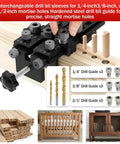 Precision Doweling Jig Kit With Adjustable Drill Guide And One Quarter Three Eighth One Half Inch Bushings Pro Grade Quick Clamp System For Straight Holes In Furniture Cabinets DIY Wood Joints Center Line Pointer For Perfect Alignment displayed with drill bits and wood applications.