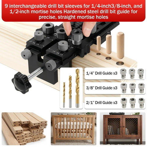 Precision Doweling Jig Kit With Adjustable Drill Guide And One Quarter Three Eighth One Half Inch Bushings Pro Grade Quick Clamp System For Straight Holes In Furniture Cabinets DIY Wood Joints Center Line Pointer For Perfect Alignment displayed with drill bits and wood applications.