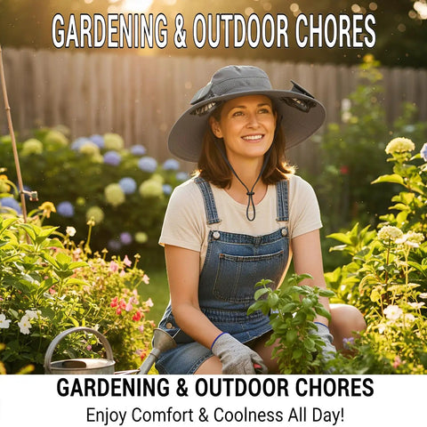 Woman in Wide Brim Solar Fan Sun Hat For Men And Women, UPF 50 Plus UV Protection, gardening outdoors in a sunny garden