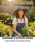 Woman gardening wearing Wide Brim Solar Fan Hat With Built-In Cooling, UPF Fifty Plus Sun Protection, Gray Camo in garden