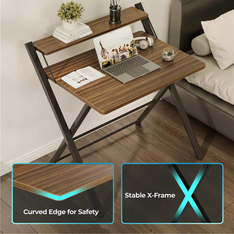 No Assembly Folding Desk With Two Tier Shelf For Home Office Dorm Or Apartment Go To Workstation Space Saving Portable Laptop And Computer Desk Quick Setup Collapsible Table Espresso Finish showing workspace with laptop and books.