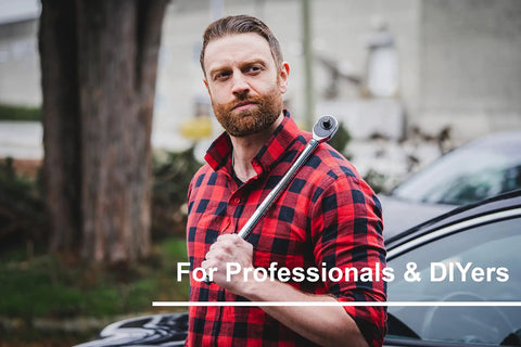 Man holding 3/8 Inch Drive Click Torque Wrench With 120-960 In-Lb Range, ASME B107.300 Certified, next to a car