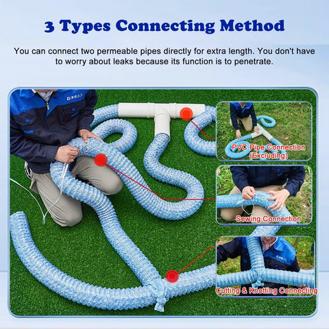 DIY Friendly Flexible 2 Inch Perforated Drain Pipe With Non Woven Fabric being joined with various connection methods on grass