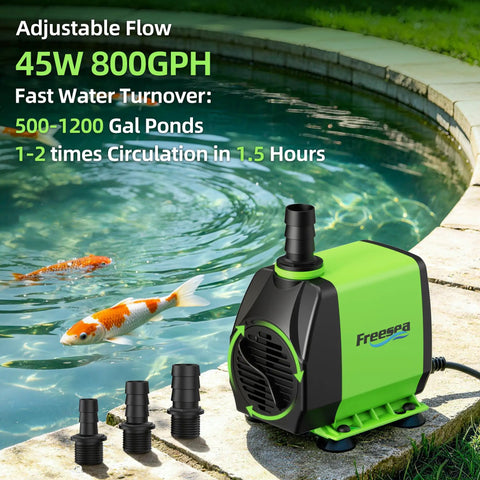 Submersible Fountain Pump 800GPH 45W Ultra Quiet Aquarium System With Three Nozzles next to koi pond