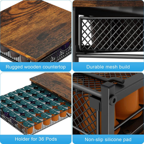 Sturdy Wood And Metal Pod Drawer Organizer For K Cup Pods 36 Capacity Storage With Sliding Baskets Keeps Your Coffee Station Neat And On Point Space Saver For Countertops Black, featuring wooden top and mesh baskets.