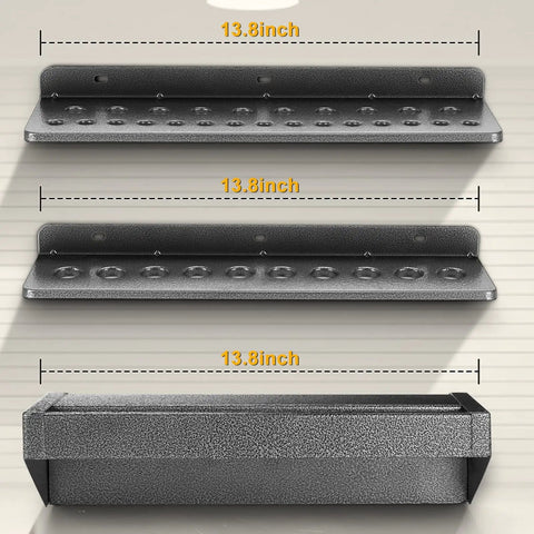 Three-piece Metal Wall Mounted Tool Organizer Set for Workshop, 13.8 inches, durable steel racks and holders for tools.