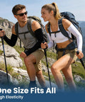 Two hikers wearing 8 Pairs Soft Arm Sleeves With UPF 50 Plus Sun Protection Cooling Compression Arm Covers in rocky terrain.