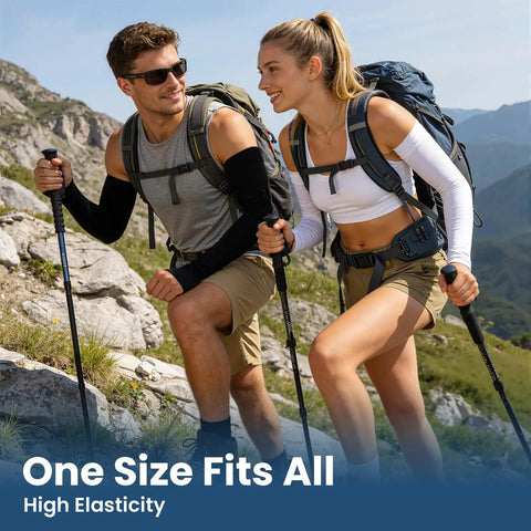 Two hikers wearing 8 Pairs Soft Arm Sleeves With UPF 50 Plus Sun Protection Cooling Compression Arm Covers in rocky terrain.