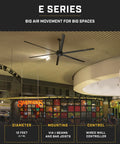 Heavy Duty 12 Ft Industrial Ceiling Fan With Six Blades And Whisper Quiet Gearless Direct Drive Motor Sharp Stealth Black Finish For Warehouses Gyms And Killer Airflow Controlled By Wired Wall Remote, mounted in a spacious venue.