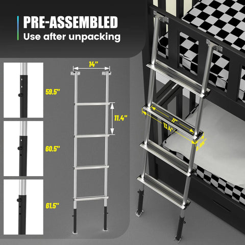 Lightweight Aluminum RV Bunk Ladder With 4 Steps, 3 Fixed Height Settings (59.5, 60.5, 61.5 Inches), Anti-Slip Rungs For Safety, Easy Pre-Assembled Install, Perfect For Bunk Beds, Campers, Dorms, And Kids Rooms.
