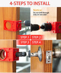 Pro Grade Door Lock Installation Kit With Two Point One Eight And One Inch Carbon Steel Hole Saw Drill Bits Reliable Arbor Adapter and Sturdy Wood Cutting Guide Template For No Sweat Door Framing Projects - 4 step installation guide with red cutting template.