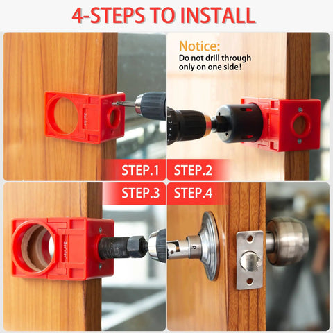 Pro Grade Door Lock Installation Kit With Two Point One Eight And One Inch Carbon Steel Hole Saw Drill Bits Reliable Arbor Adapter and Sturdy Wood Cutting Guide Template For No Sweat Door Framing Projects - 4 step installation guide with red cutting template.