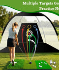 Woman using massive 10x7ft golf practice net with 5 real balls, tri turf mat, and portable storage bag, all in one backyard hitting net for driving swing.