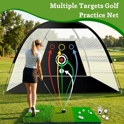 Woman using massive 10x7ft golf practice net with 5 real balls, tri turf mat, and portable storage bag, all in one backyard hitting net for driving swing.