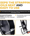 Heavy Duty Strapping Cart And Dispenser For Pet Polyester Banding With Mobile Rolling Stand Fits 16 Inch Cores showing strapping stopper and roller for neat coil storage.