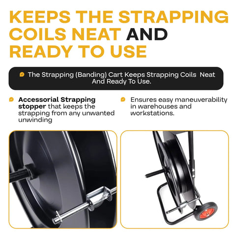 Heavy Duty Strapping Cart And Dispenser For Pet Polyester Banding With Mobile Rolling Stand Fits 16 Inch Cores showing strapping stopper and roller for neat coil storage.