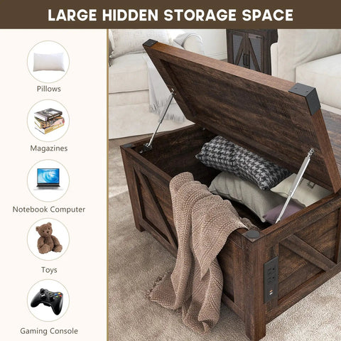 Dope Farmhouse Lift Top Coffee Table With Storage And USB Charging Station open showing interior storage and devices in use