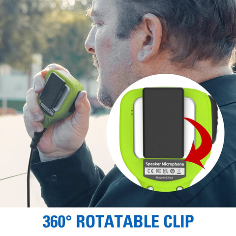 Man using green two pin walkie talkie speaker microphone with PTT for GMRS ham radio, showing 360° rotatable shoulder clip