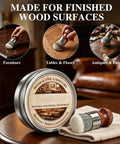 Wood Repair Balm And Polishing Wax To Knock Out Gnarly Scratches In A Snap On Furniture, 3.5 Oz, shown with brush on polished wood.