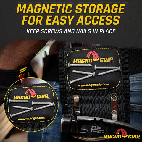 Go-To Hammer Holster With Magnetic Storage For On Belt Quick Access, showing nails secured on black ballistic polyester with logo