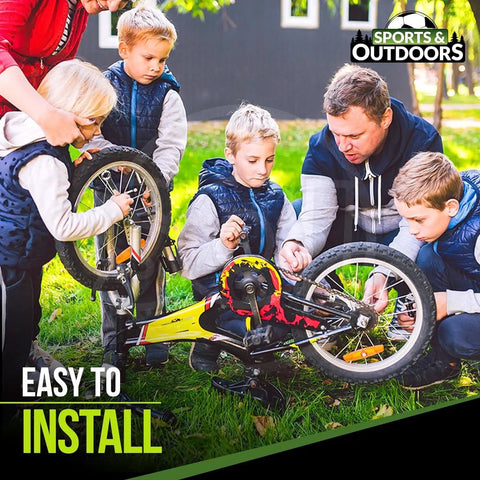 Family team installing colorful 36 piece clip on bike spoke beads for kids wheel decorations multicolor spokey dokeys easy attach outdoors
