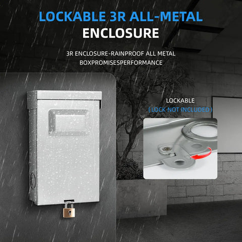 Heavy Duty Outdoor AC Disconnect Switch 30 Amp Pull Out Breaker For 120 240VAC Systems With UL Listing, rainproof all-metal lockable enclosure.