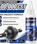 Rock Hard 2 Oz Rc Differential Oil 500K Cst Silicone Fluid in a container next to a RC differential gear assembly.