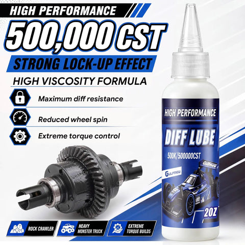 Rock Hard 2 Oz Rc Differential Oil 500K Cst Silicone Fluid in a container next to a RC differential gear assembly.