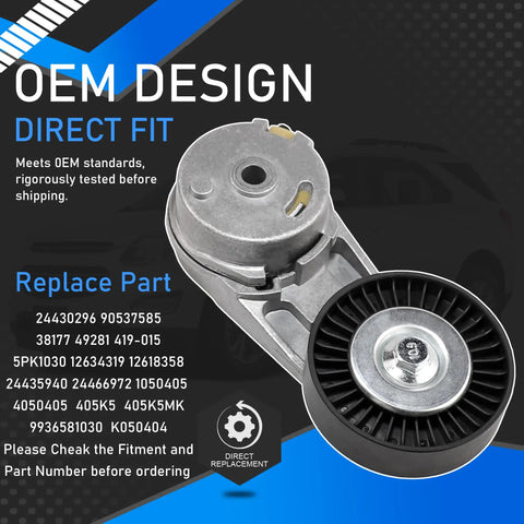 Serpentine Drive Belt Tensioner Kit Replacement For GM Vehicles Including Chevy Cobalt Equinox Orlando HHR Classic Pontiac Saturn Ion Buick Saab GMC Terrain Replaces 5PK1030 24430296 38177 12634319. Image of the tensioner kit with text displaying OEM design and part numbers.