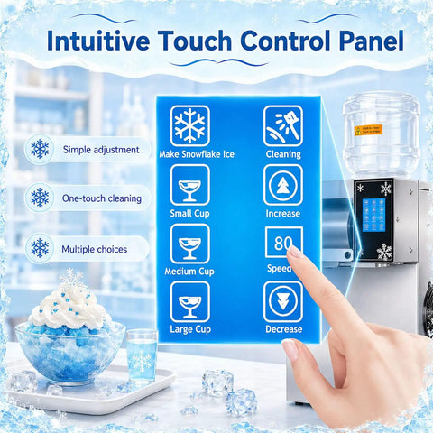Intuitive touch control panel of Commercial Flake Ice Maker Hits Speed Records In Three Seconds Flat While Pushing 120 Kilograms Daily.