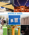 Collage showing uses of 84 Piece Sun Shade Sail Hardware Kit With Cable And Wire Rope For Rectangle Square Triangle Shade Sail Installation Stainless 304 Grade Rust Resistant For Garden Outdoor DIY Railing, including shade sails and railing.
