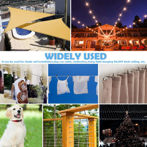 Collage showing uses of 84 Piece Sun Shade Sail Hardware Kit With Cable And Wire Rope For Rectangle Square Triangle Shade Sail Installation Stainless 304 Grade Rust Resistant For Garden Outdoor DIY Railing, including shade sails and railing.