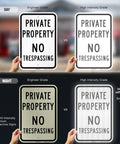 Comparison of Premium Private Property No Trespassing Sign 12 X 18 Inches Reflective Aluminum Yard Board under day and night.
