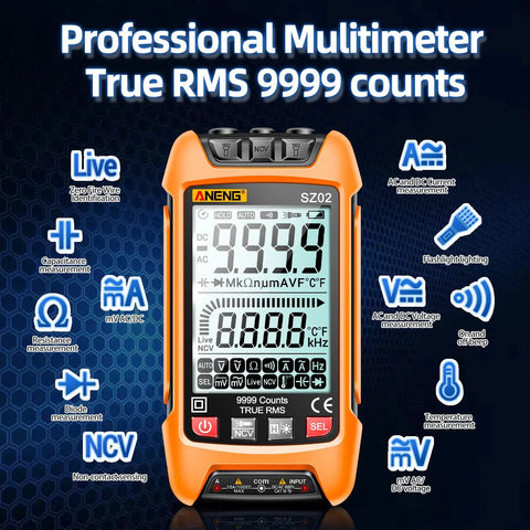 Versatile Digital Multimeter With Auto Ranging And TRMS 9999 Counts featuring detailed front display and functions