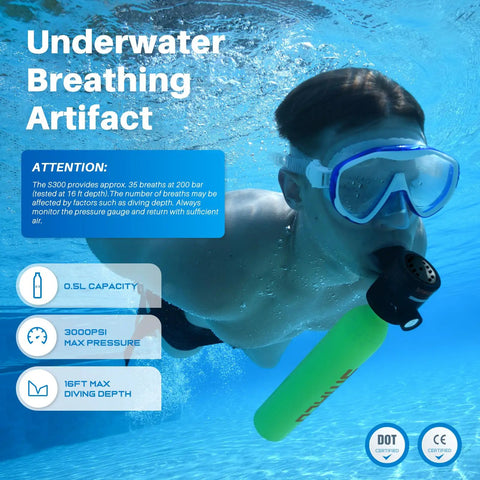 Man using the Compact 0.5L Scuba Tank Portable Diving Cylinder For Emergency Air Backup Pony Bottle S300 underwater.