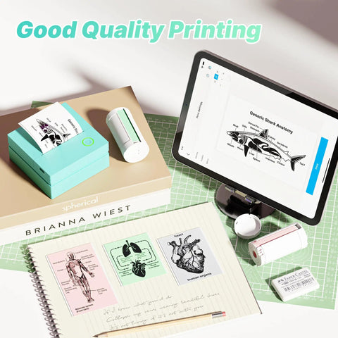Portable Mini Sticker Printer With Three Thermal Rolls Compact Wireless Label Maker For Teachers And Craft Crews Dead Simple Setup displayed with printed labels on a desk.