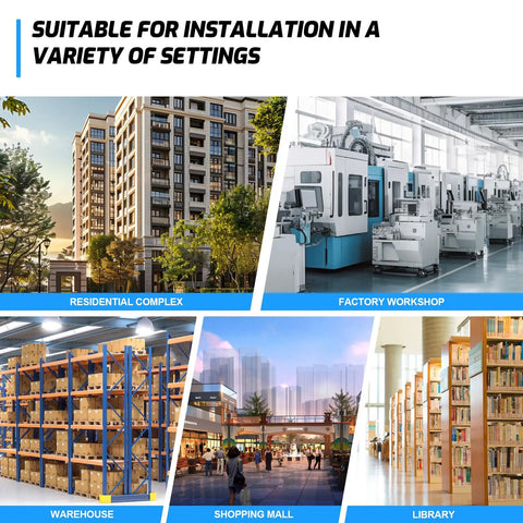 Image showing residential complex, factory workshop, warehouse, shopping mall, and library layouts for installation suitability.