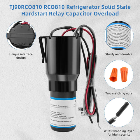 RCO810 Refrigerator 3 In 1 Solid State Hard Start Relay Kit With Overload And Start Capacitor 120V showing parts and instructions