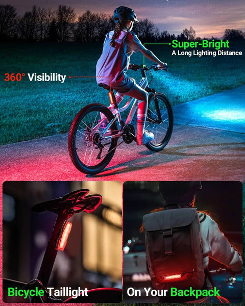 Ultra Bright USB Bike Light Set With Front And Rear Lights illuminating bike and backpack for night riding safety.